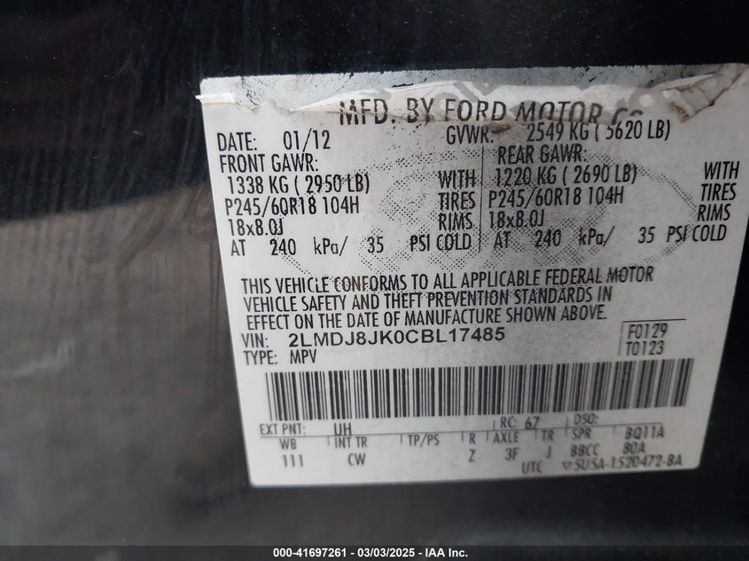 2012 LINCOLN MKX VIN: 2LMDJ8JK0CBL17485