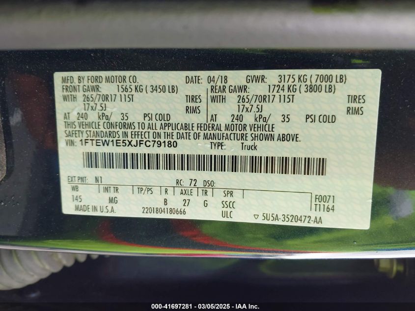 2018 Ford F-150 Xlt VIN: 1FTEW1E5XJFC79180 Lot: 41697281