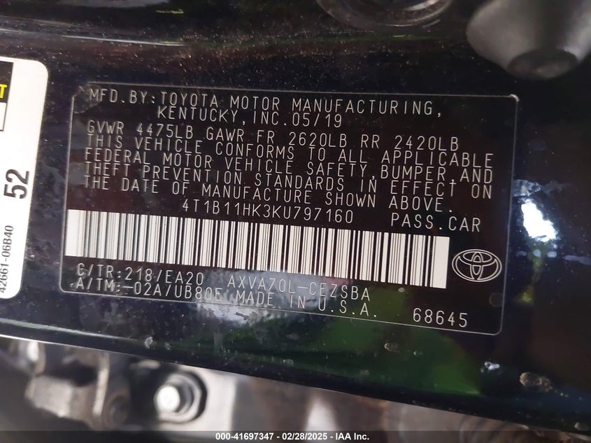 2019 TOYOTA CAMRY VIN: 4T1B11HK3KU797160