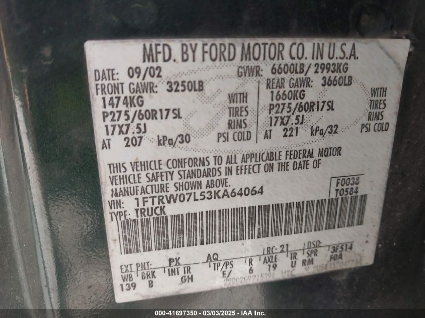 2003 Ford F150 Lariat/Xlt VIN: 1FTRW07L53KA6406 Lot: 41697350