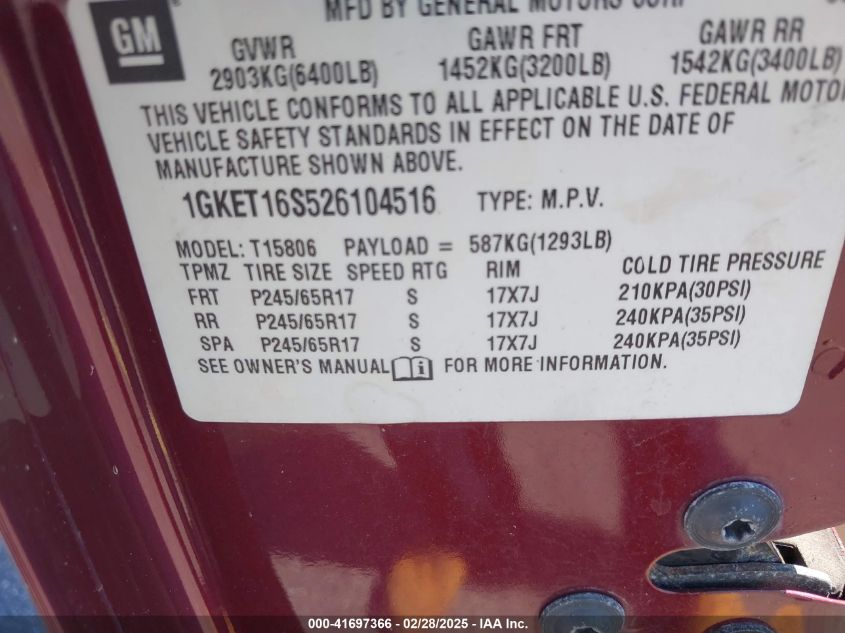 2002 GMC Envoy Xl Slt VIN: 1GKET16S526104516 Lot: 41697366