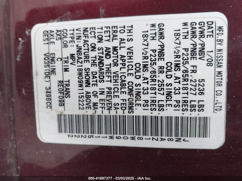 2009 NISSAN MURANO VIN: JN8AZ18W09W115222