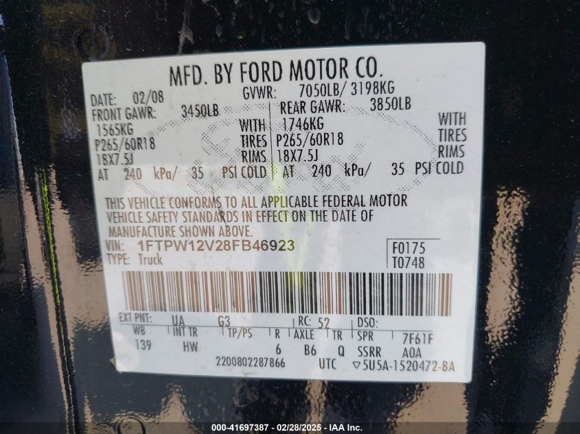 2008 Ford F-150 60Th Anniversary/Fx2/King Ranch/Lariat/Xlt VIN: 1FTPW12V28FB46923 Lot: 41697387