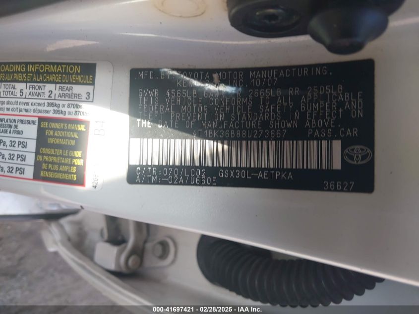 2008 Toyota Avalon Limited VIN: 4T1BK36B88U273667 Lot: 41697421