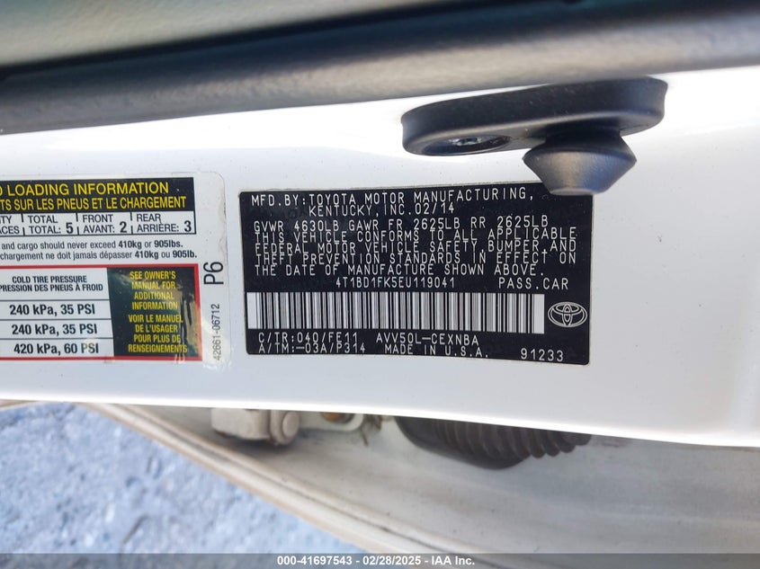 2014 TOYOTA CAMRY HYBRID VIN: 4T1BD1FK5EU119041