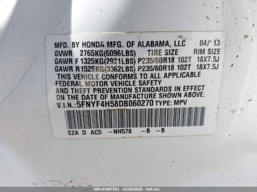 2013 Honda Pilot Ex-L VIN: 5FNYF4H58DB060270 Lot: 41697553