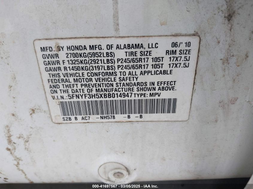 2011 Honda Pilot Ex-L VIN: 5FNYF3H5XBB014947 Lot: 41697567