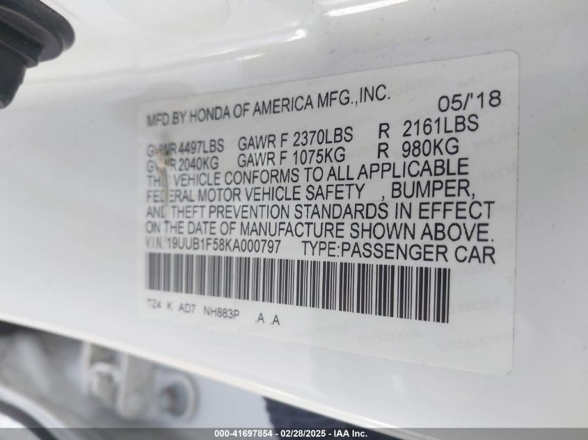 2019 Acura Tlx Tech Pkg VIN: 19UUB1F58KA000797 Lot: 41697854