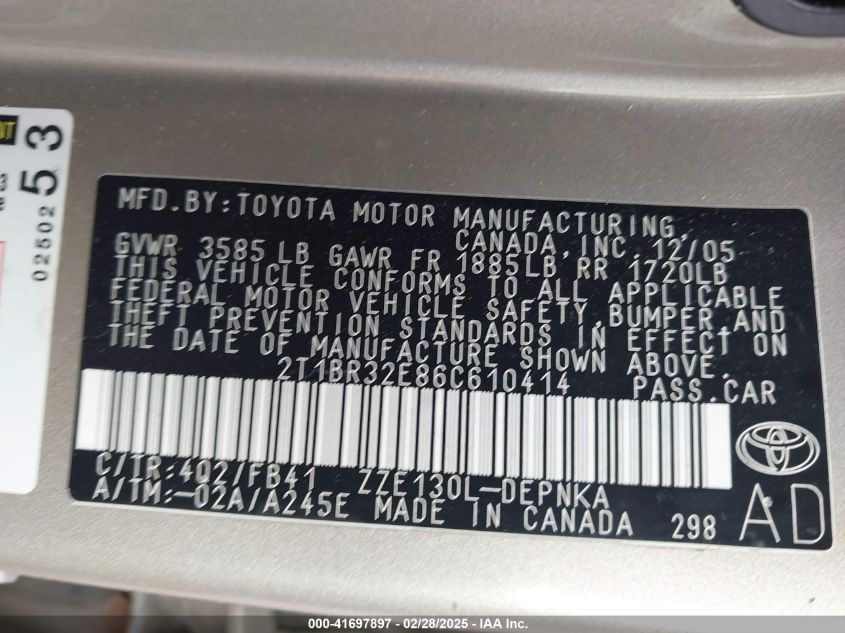 2006 Toyota Corolla Le VIN: 2T1BR32E86C610414 Lot: 41697897