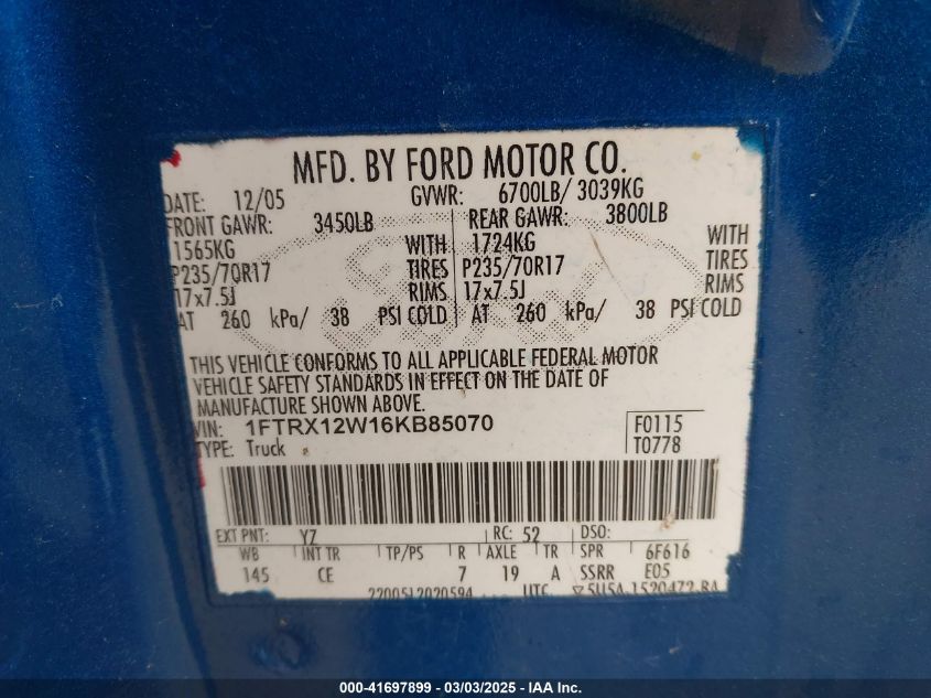 2006 Ford F-150 Stx/Xl/Xlt VIN: 1FTRX12W16KB85070 Lot: 41697899