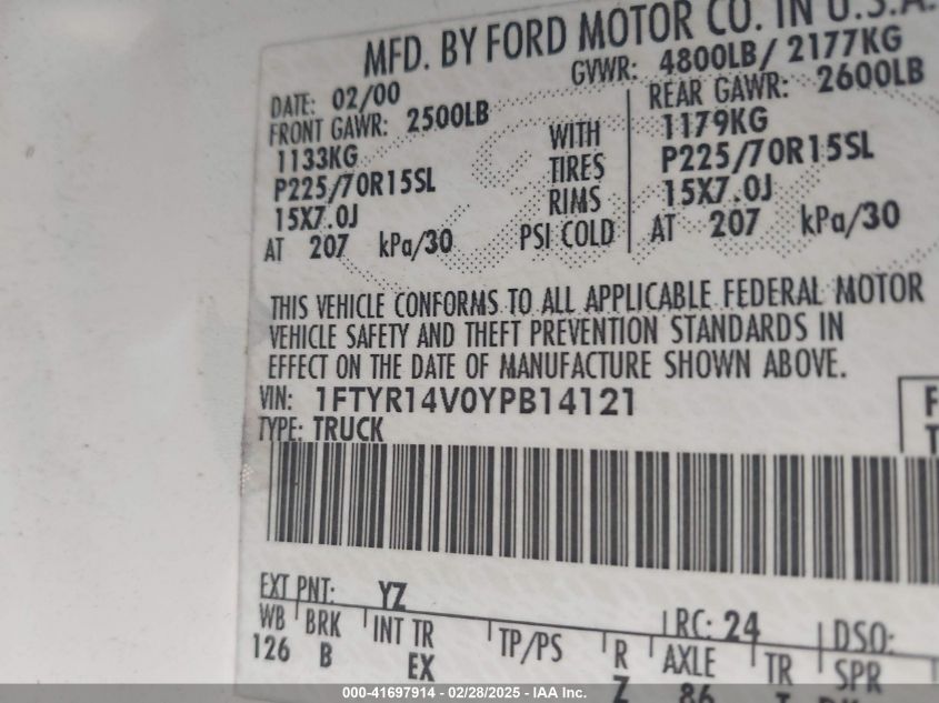 2000 Ford Ranger Xl/Xlt VIN: 1FTYR14V0YPB14121 Lot: 41697914