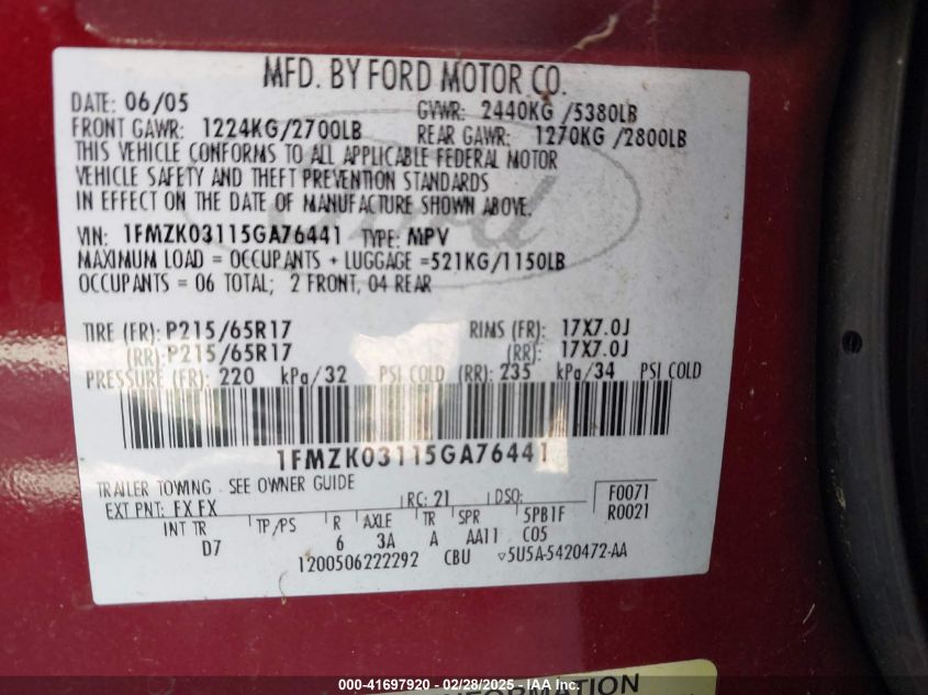 2005 Ford Freestyle Limited VIN: 1FMZK03115GA76441 Lot: 41697920