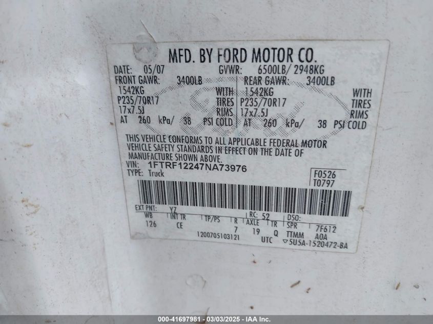 2007 Ford F-150 Stx/Xl/Xlt VIN: 1FTRF12247NA73976 Lot: 41697981