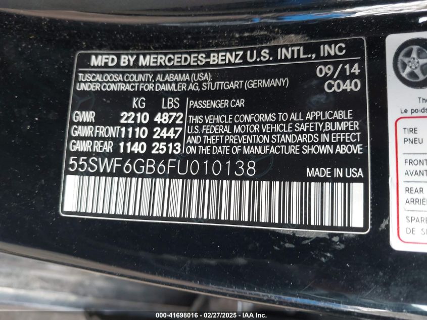 2015 Mercedes-Benz C 400 4Matic VIN: 55SWF6GB6FU010138 Lot: 41698016