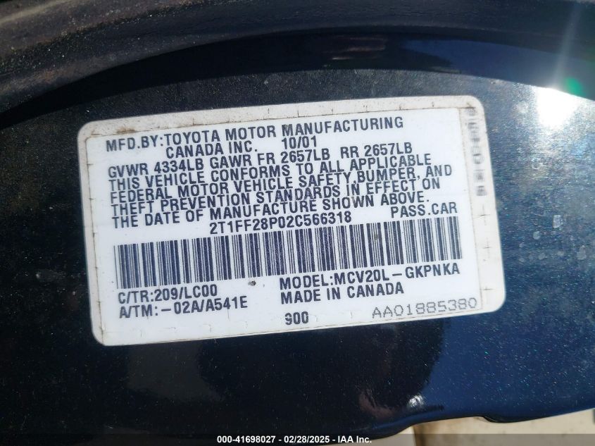 2002 Toyota Camry Solara Sle V6 VIN: 2T1FF28P02C566318 Lot: 41698027