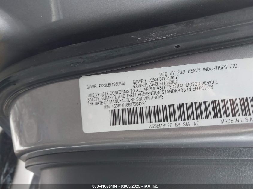 2008 Subaru Legacy 2.5I VIN: 4S3BL616687204293 Lot: 41698104