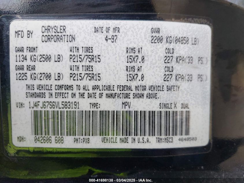 1997 Jeep Cherokee Sport VIN: 1J4FJ67S6VL583191 Lot: 41698138