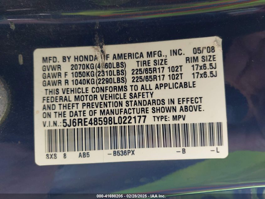 2008 Honda Cr-V Ex VIN: 5J6RE48598L022177 Lot: 41698205