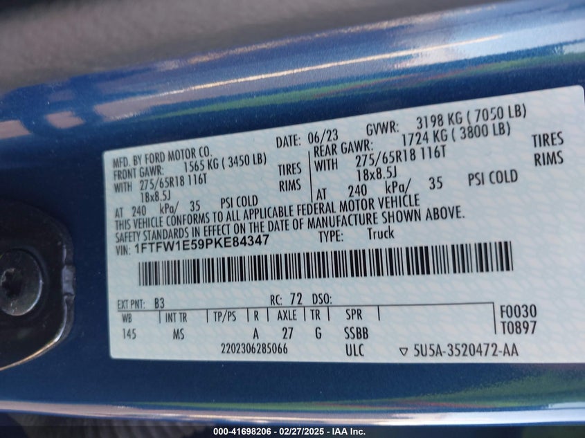2023 FORD F-150 VIN: 1FTFW1E59PKE84347