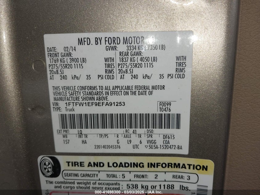 2014 FORD F-150 VIN: 1FTFW1EF9EFA91253