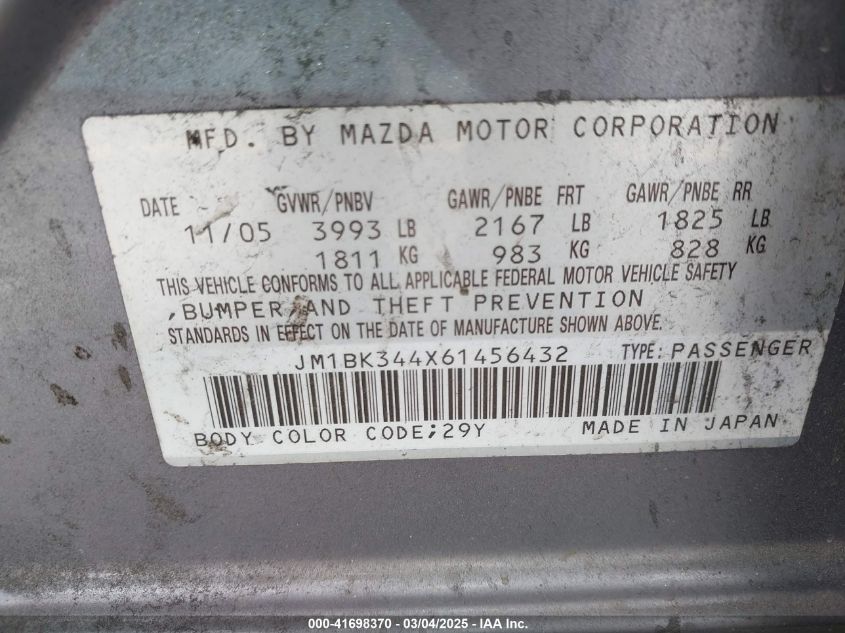 2006 Mazda Mazda3 S Touring VIN: JM1BK344X61456432 Lot: 41698370