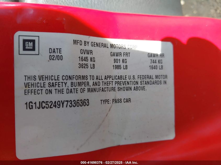 2000 Chevrolet Cavalier VIN: 1G1JC5249Y7336363 Lot: 41698376