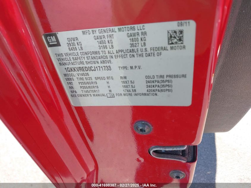 2012 GMC Acadia Slt-1 VIN: 1GKKVRED0CJ171733 Lot: 41698387