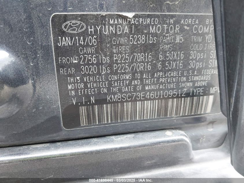 2006 Hyundai Santa Fe Gls/Limited VIN: KM8SC73E46U109512 Lot: 41698445