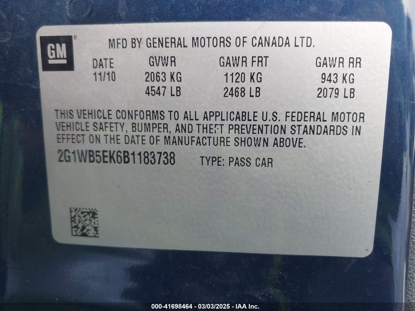 2011 CHEVROLET IMPALA VIN: 2G1WB5EK6B1183738