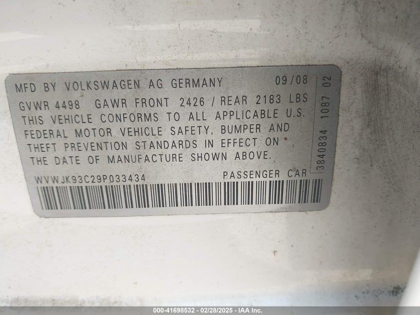 2009 VOLKSWAGEN PASSAT VIN: WVWJK93C29P033434