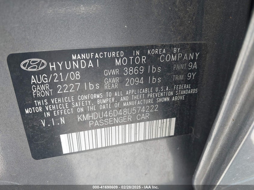 2008 HYUNDAI ELANTRA VIN: KMHDU46D48U574222