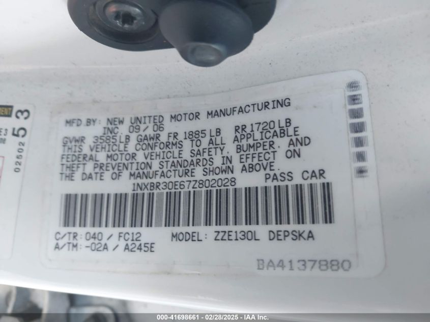 2007 Toyota Corolla S VIN: 1NXBR30E67Z802028 Lot: 41698661