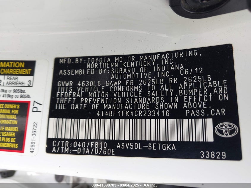 2012 TOYOTA CAMRY VIN: 4T4BF1FK4CR233416