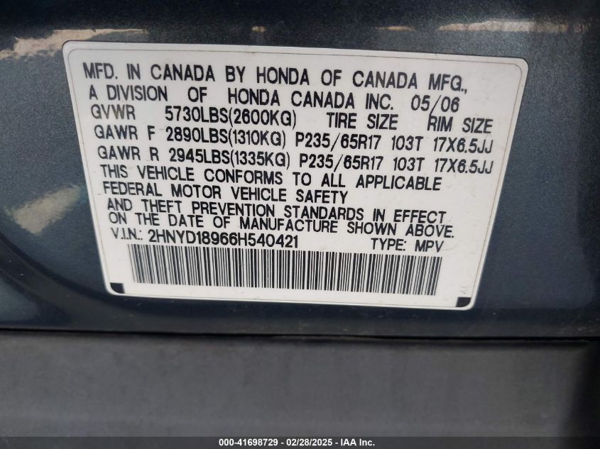 2006 Acura Mdx VIN: 2HNYD18966H540421 Lot: 41698729