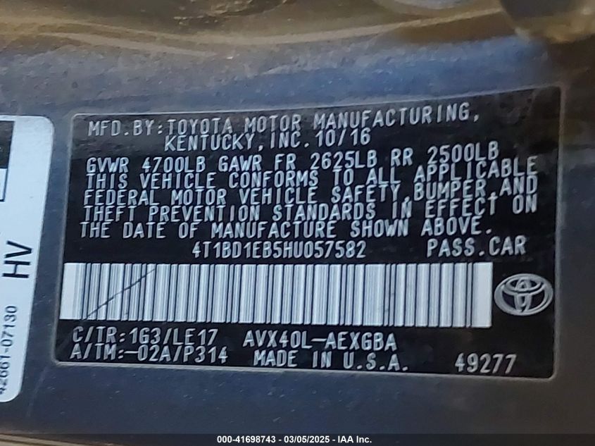 2017 Toyota Avalon Hybrid Xle Premium VIN: 4T1BD1EB5HU057582 Lot: 41698743