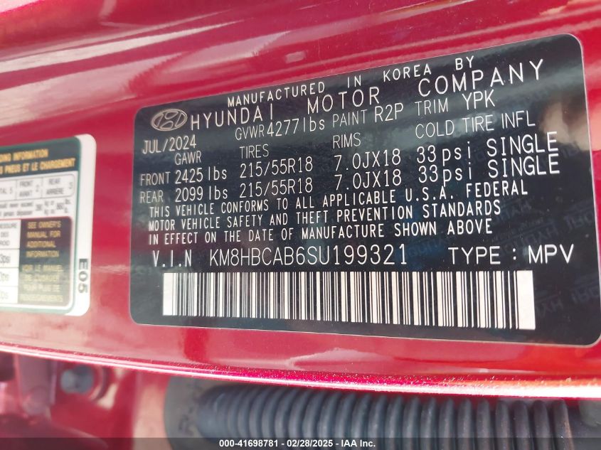 2025 Hyundai Kona Sel VIN: KM8HBCAB6SU199321 Lot: 41698781