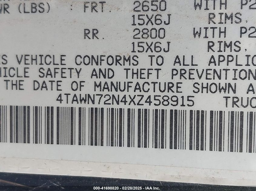 1999 Toyota Tacoma VIN: 4TAWN72N4XZ458915 Lot: 41698820
