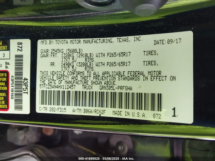 2017 Toyota Tacoma Trd Off Road VIN: 5TFCZ5AN4HX11245 Lot: 41698828