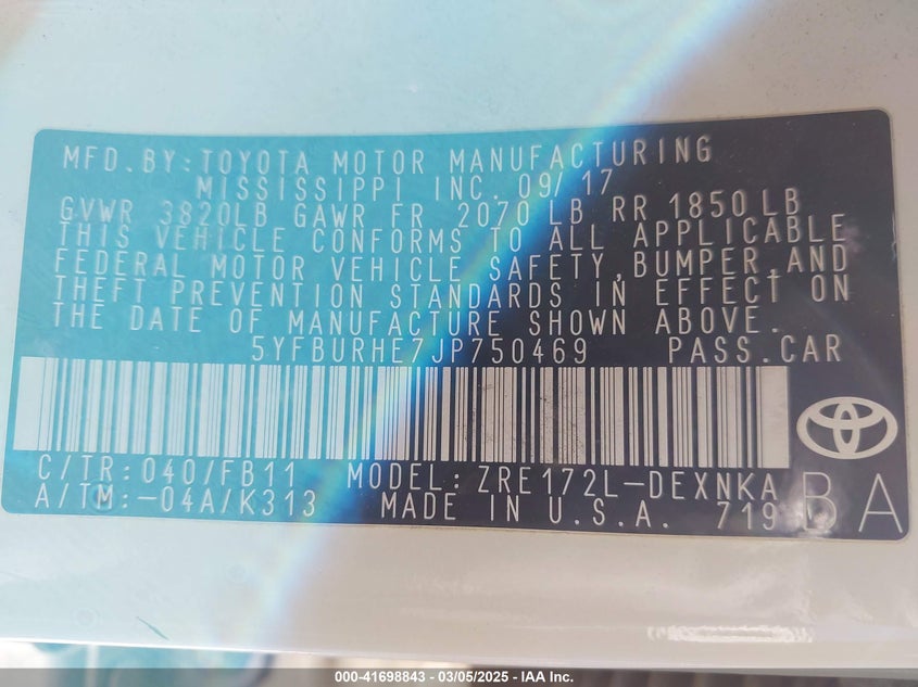 2018 TOYOTA COROLLA LE - 5YFBURHE7JP750469