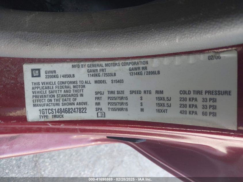 2006 GMC Canyon Sl VIN: 1GTCS148468247822 Lot: 41698869