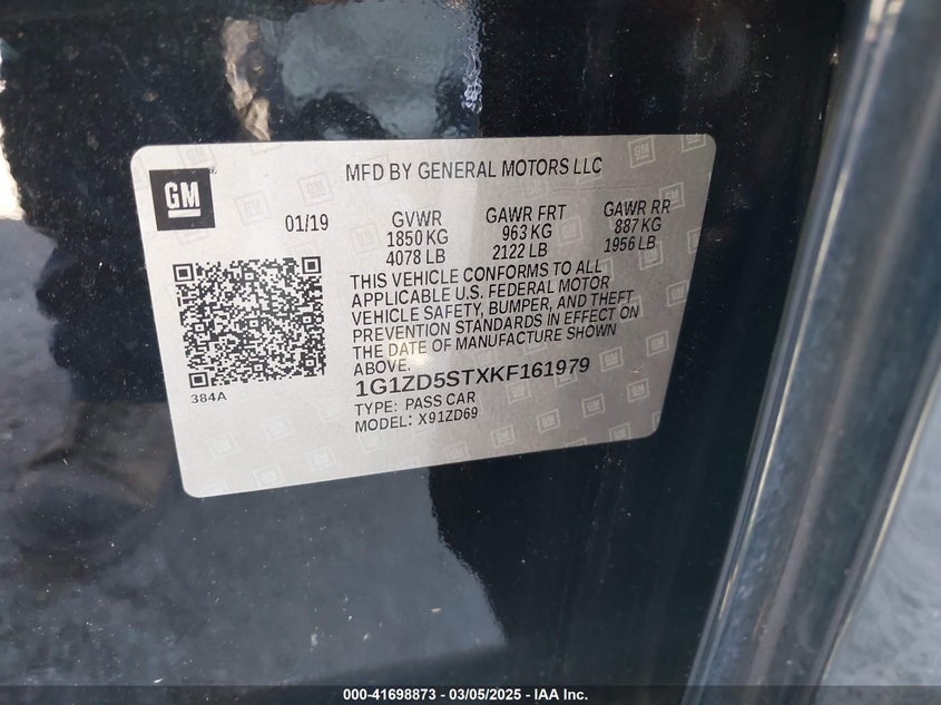 2019 Chevrolet Malibu Lt VIN: 1G1ZD5STXKF161979 Lot: 41698873