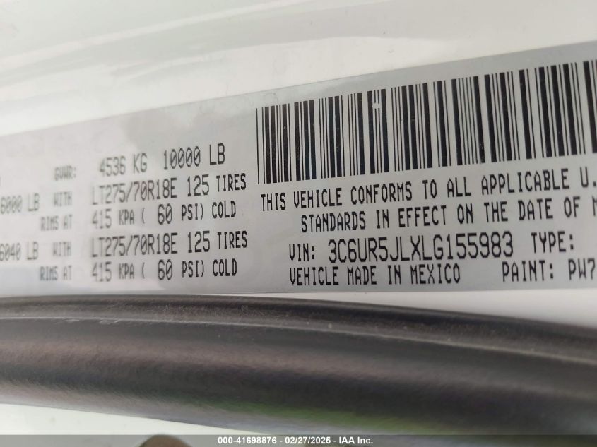 2020 Ram 2500 Big Horn 4X4 8' Box VIN: 3C6UR5JLXLG155983 Lot: 41698876