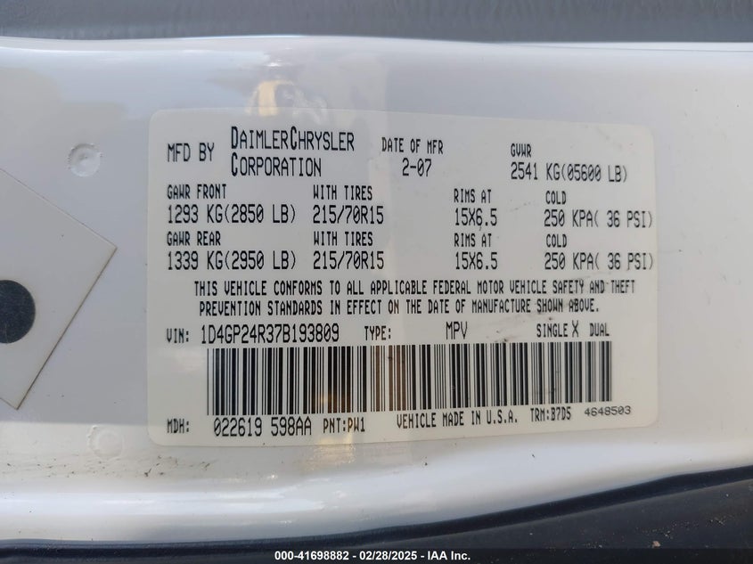 2007 DODGE GRAND CARAVAN VIN: 1D4GP24R37B193809