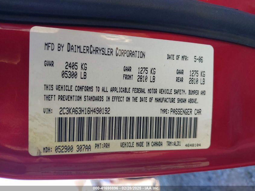 2006 Chrysler 300C VIN: 2C3KA63H16H490192 Lot: 41698896