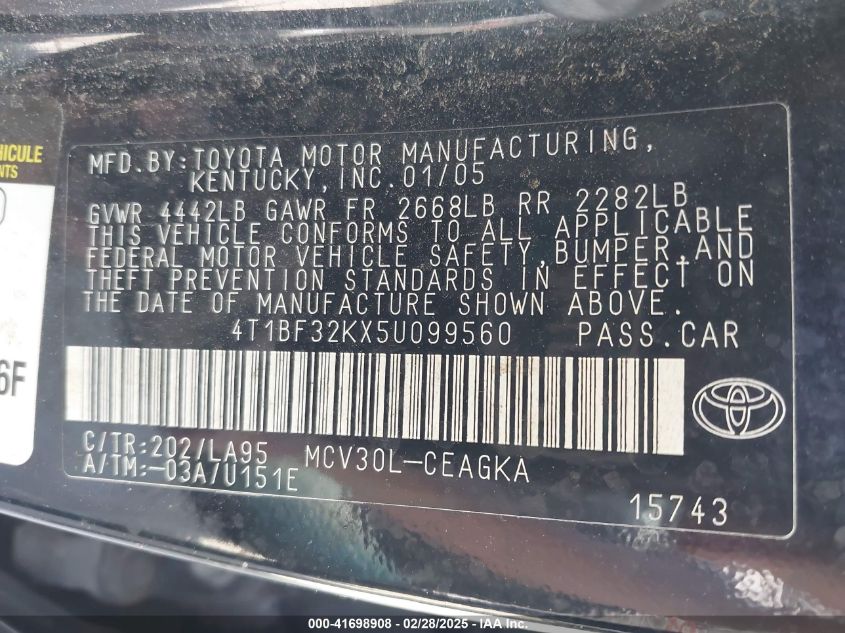 2005 Toyota Camry Xle V6 VIN: 4T1BF32KX5U099560 Lot: 41698908