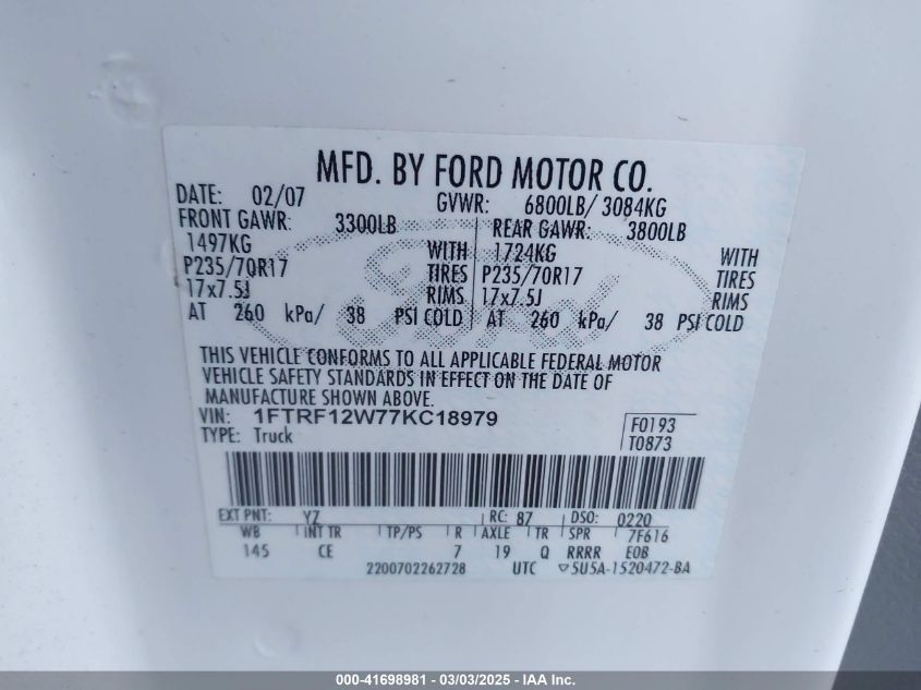 2007 Ford F-150 Stx/Xl/Xlt VIN: 1FTRF12W77KC18979 Lot: 41698981