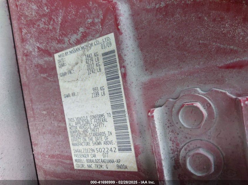 2009 NISSAN ALTIMA VIN: 1N4AL21E29N502242