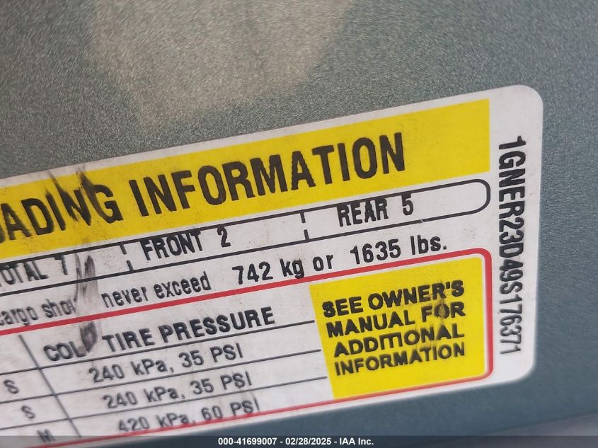 2009 Chevrolet Traverse Lt VIN: 1GNER23D49S176371 Lot: 41699007