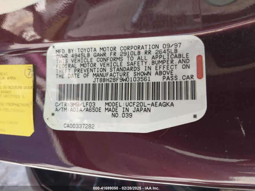 1998 Lexus Ls 400 VIN: JT8BH28F9W0103561 Lot: 41699050