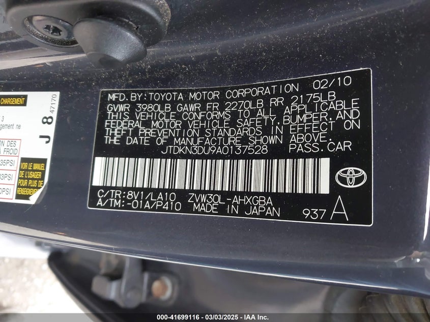 2010 TOYOTA PRIUS VIN: JTDKN3DU9A0137528